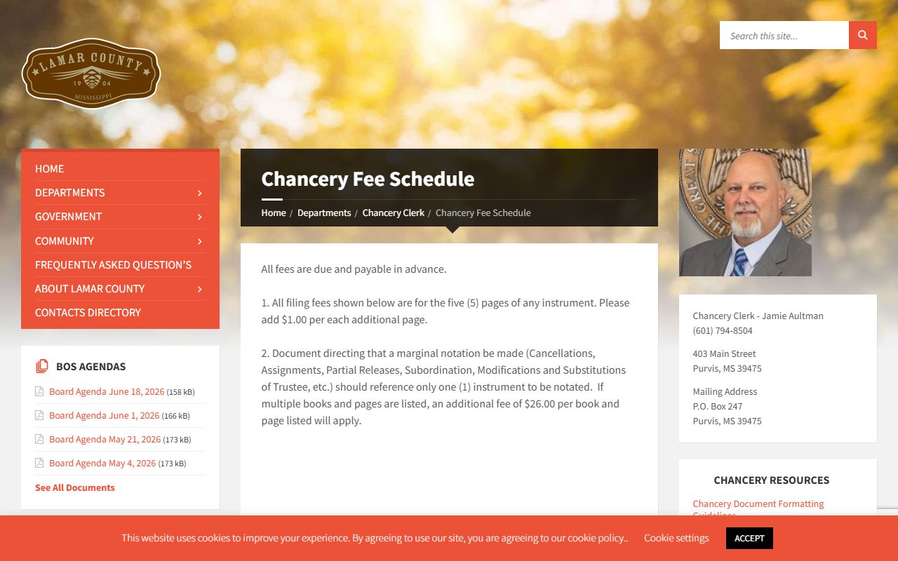 Lamar County Chancery Clerk land records fee schedule page