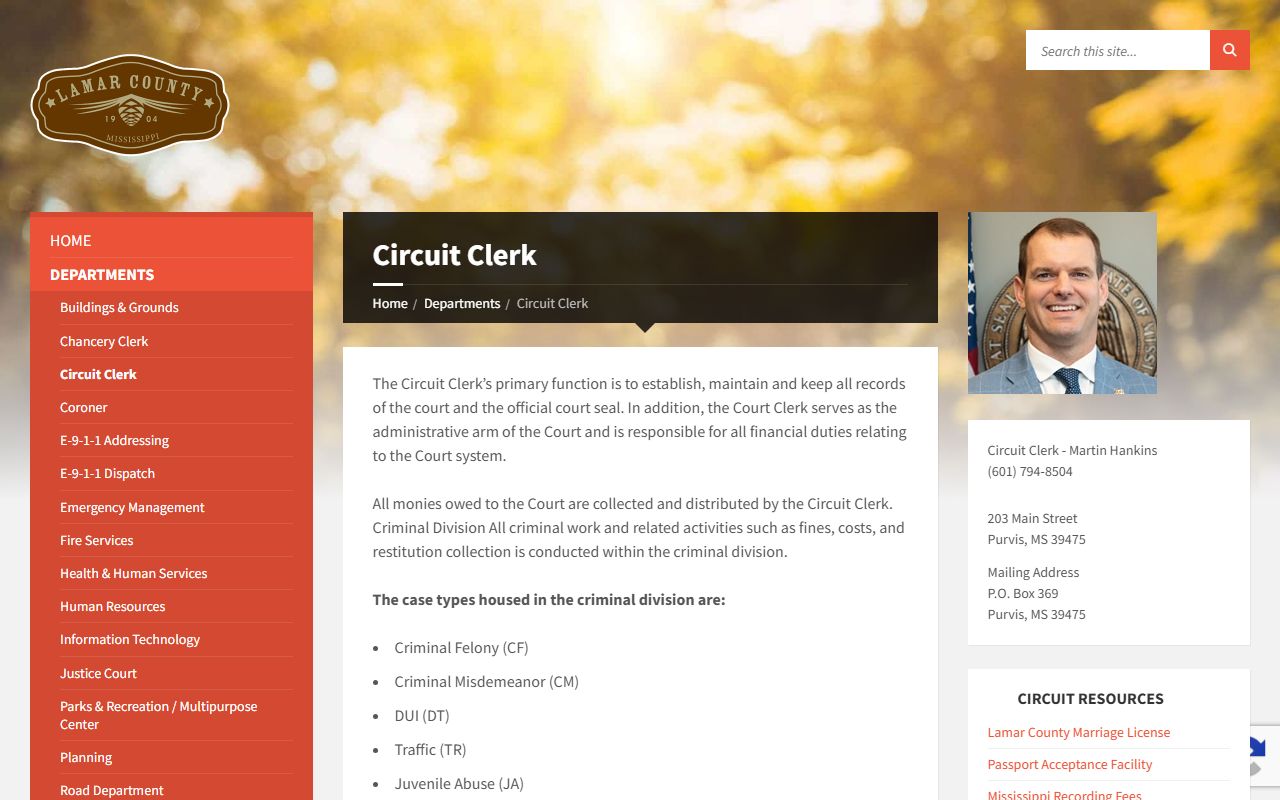 Lamar County Circuit Clerk department page with court records and case codes