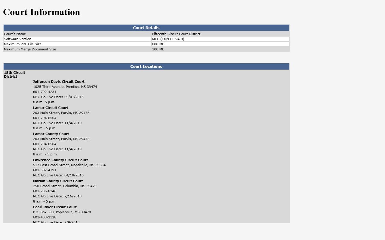 15th Circuit MEC court information page for Lamar County court dockets