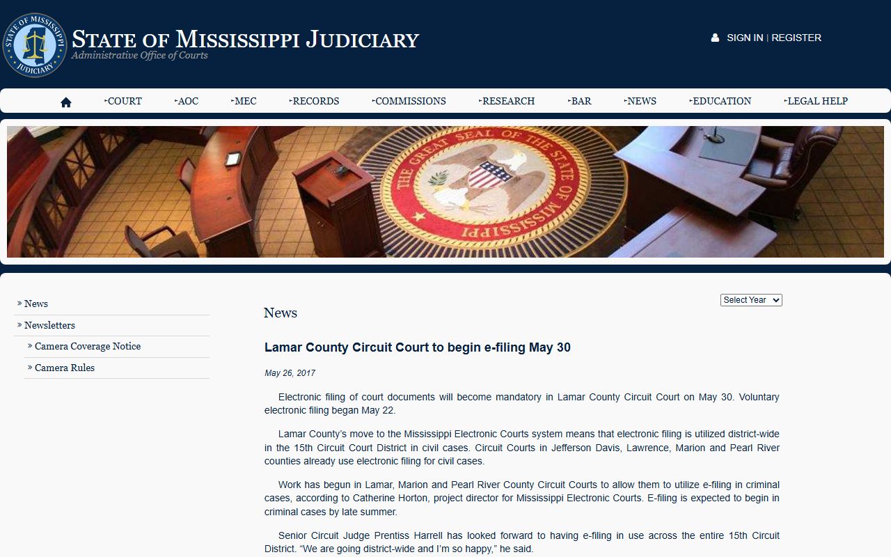 Mississippi Judiciary notice on Lamar County Circuit Court e-filing and dockets