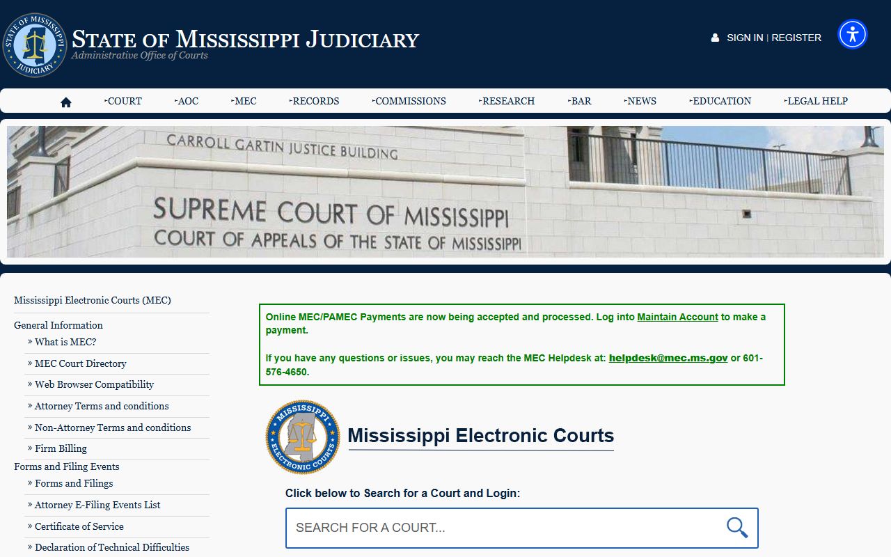 Mississippi Electronic Courts information page used for Lamar County court dockets