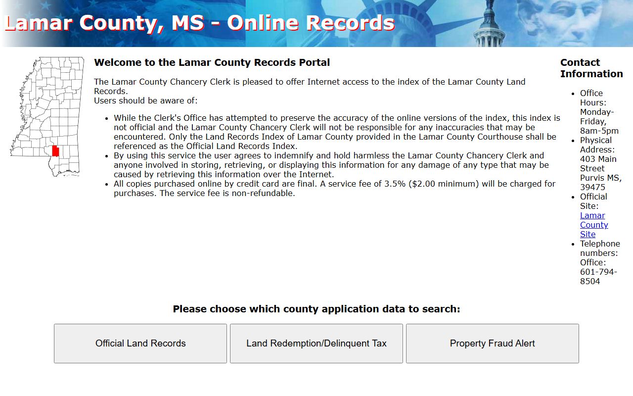 Lamar County Chancery Records Online landing page used for court records searches
