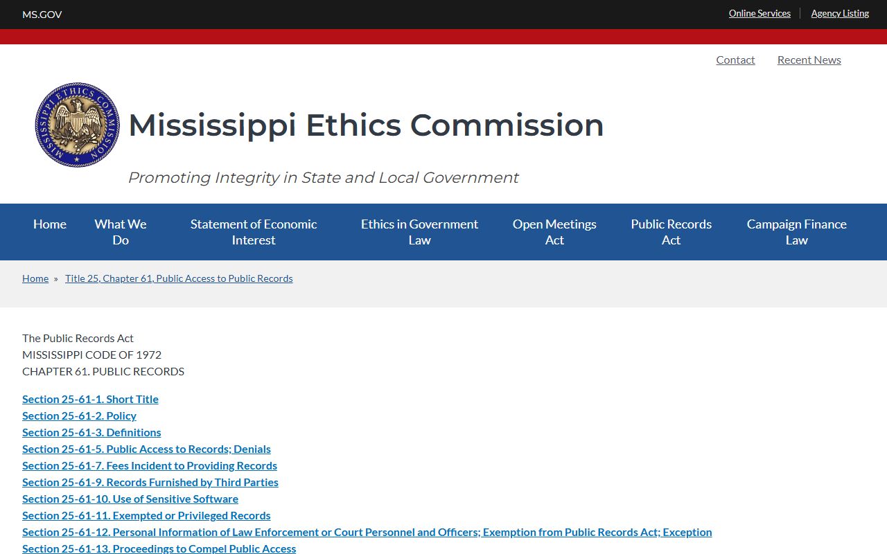 Mississippi Public Records Act page governing Lamar County court records access