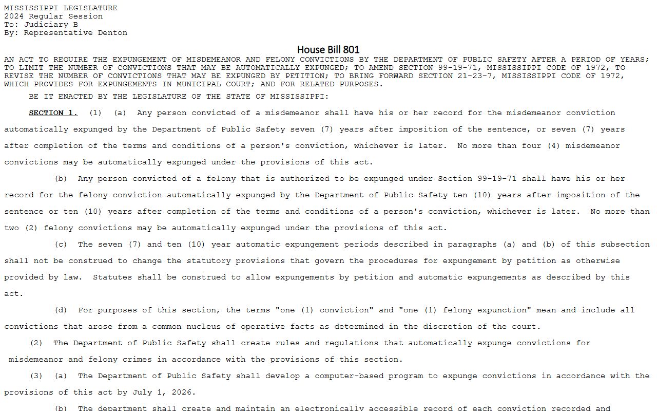 Lamar County criminal court records expunction statute bill text under Mississippi Code Section 99-19-71