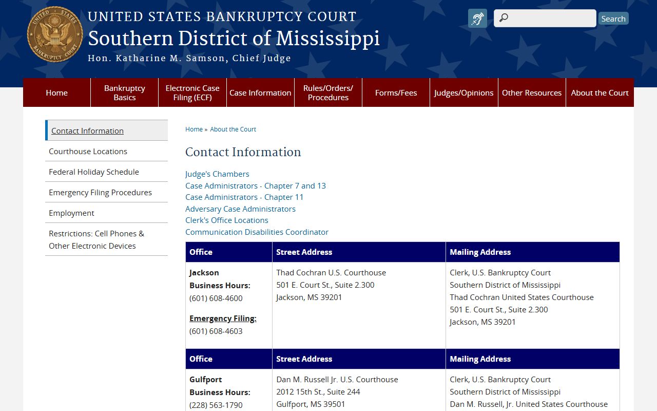 Lamar County bankruptcy court records and contact information for the Southern District of Mississippi