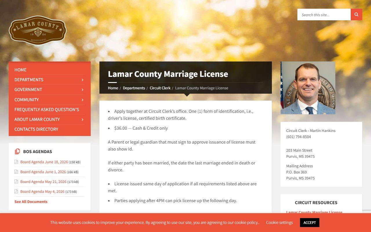 Lamar County marriage license application page at the Circuit Clerk
