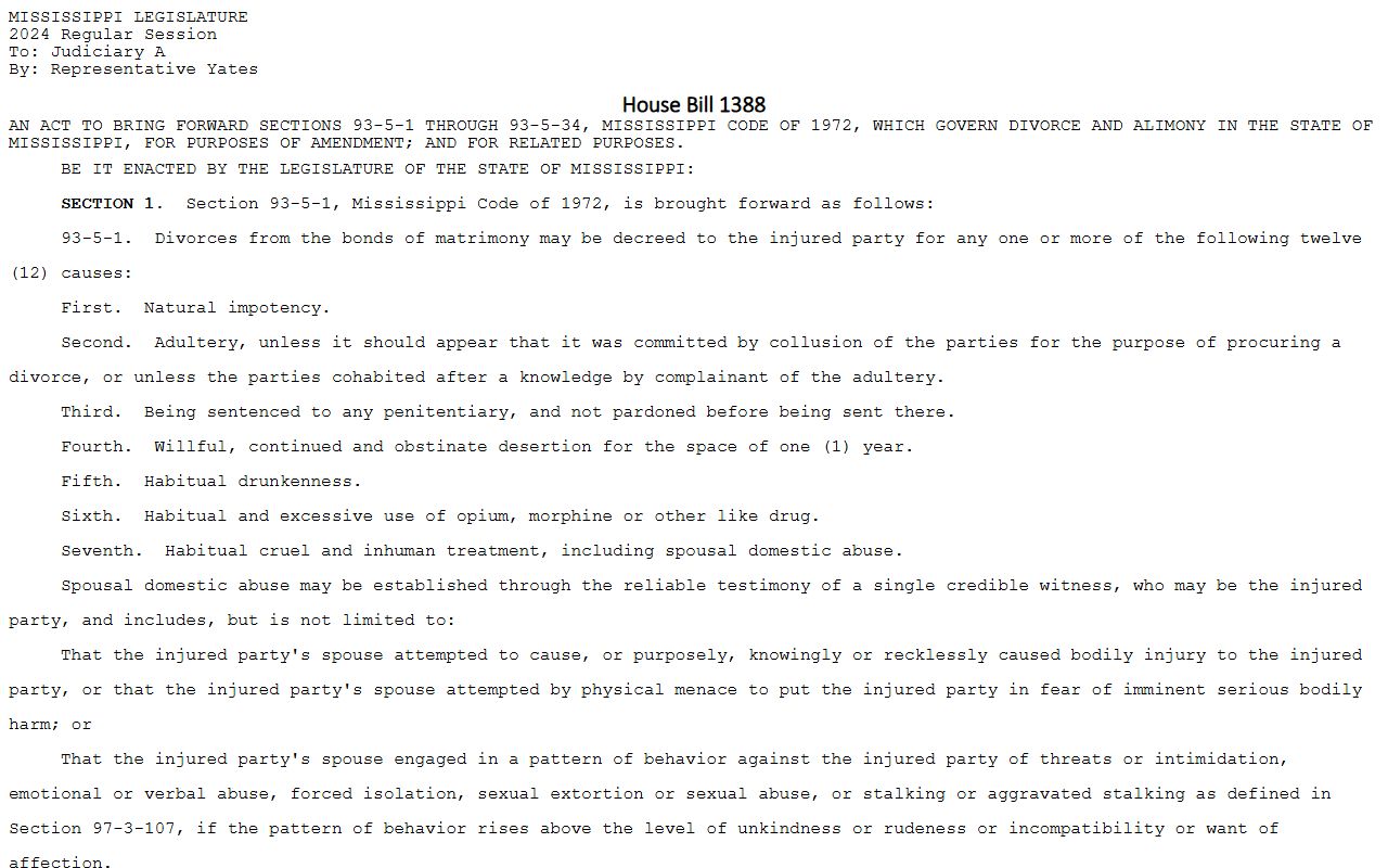 Mississippi divorce statute bill text relevant to Lamar County divorce records