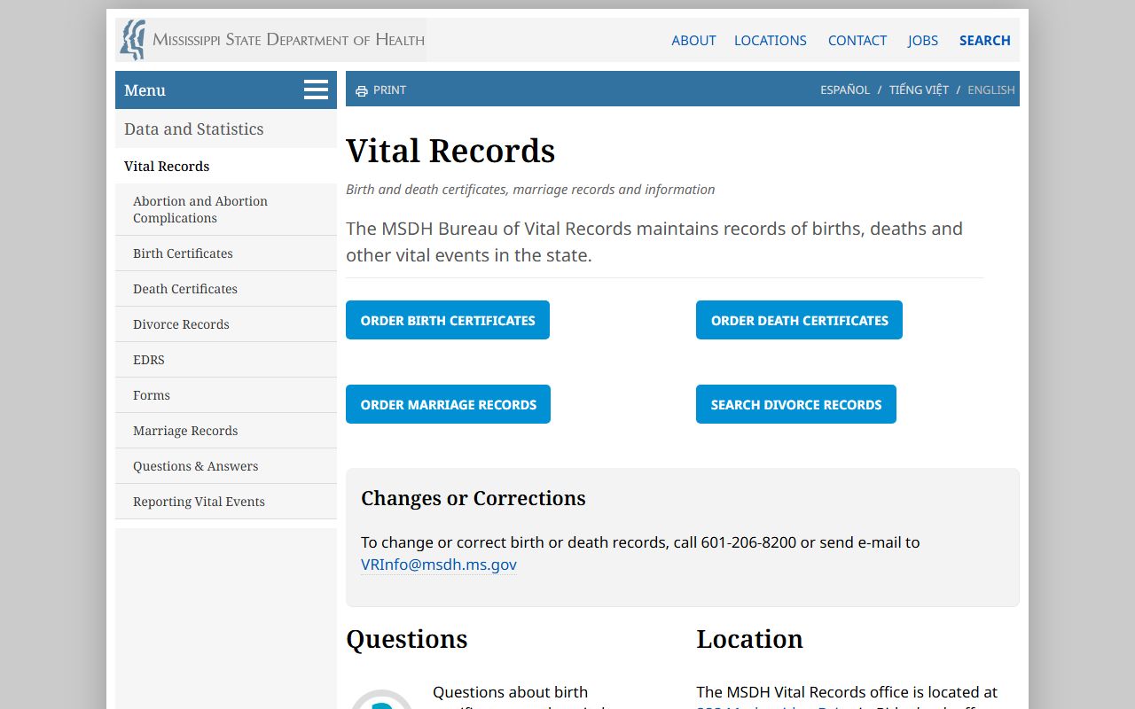 MSDH Vital Records page for Lamar County marriage and divorce records