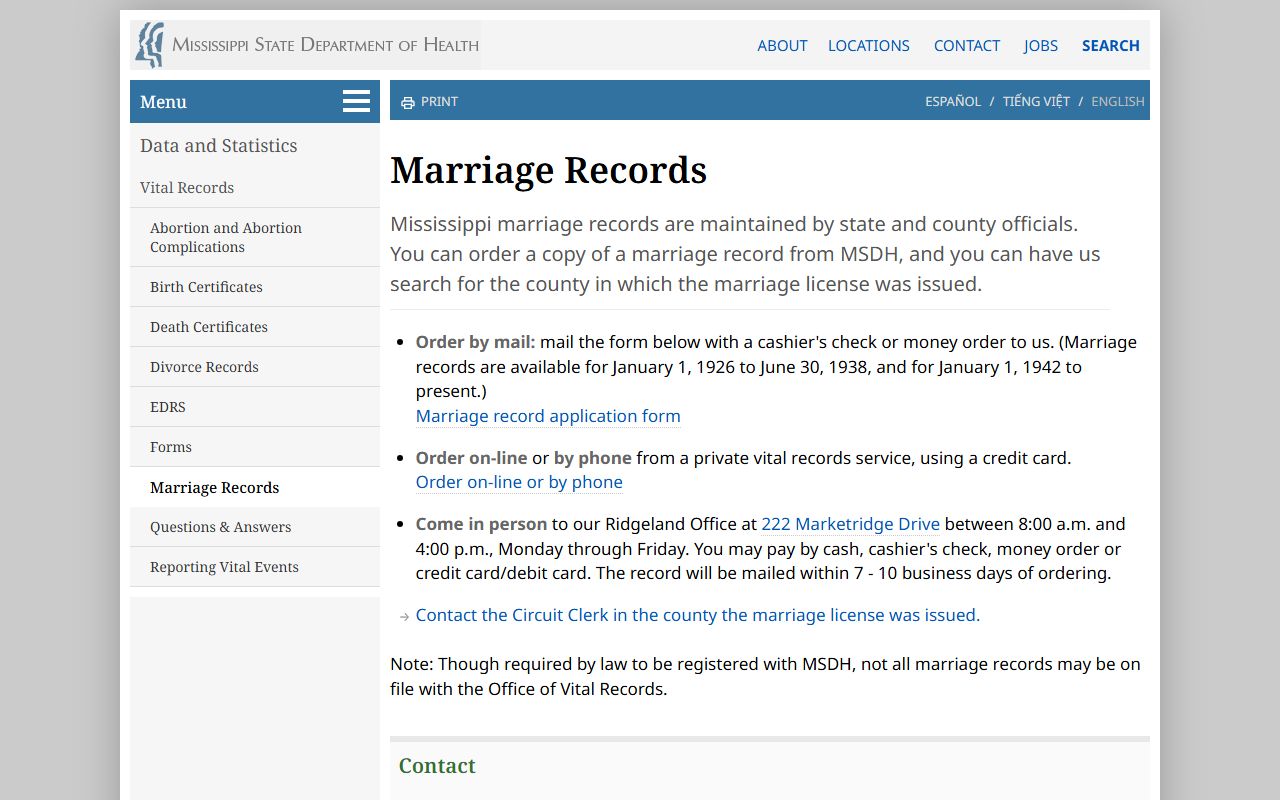 MSDH marriage records page for Lamar County marriage records