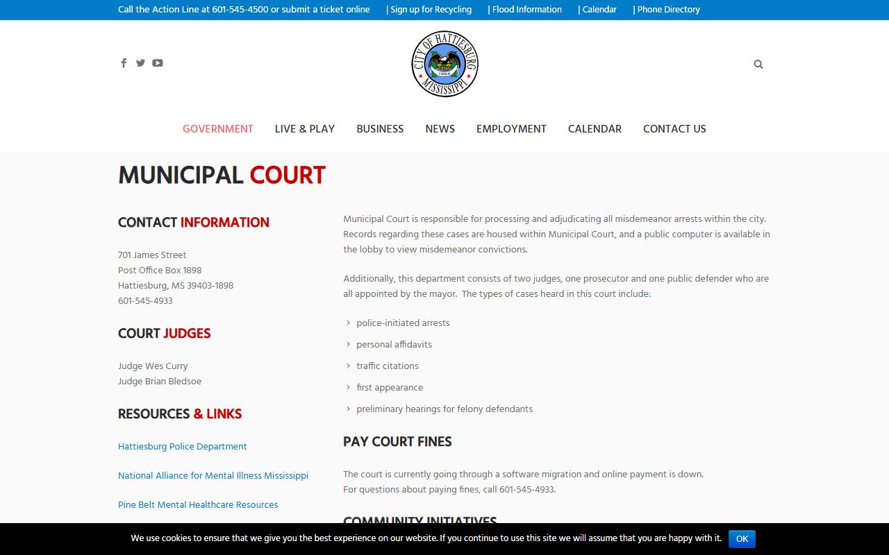 Hattiesburg Municipal Court page for Lamar County area traffic citations
