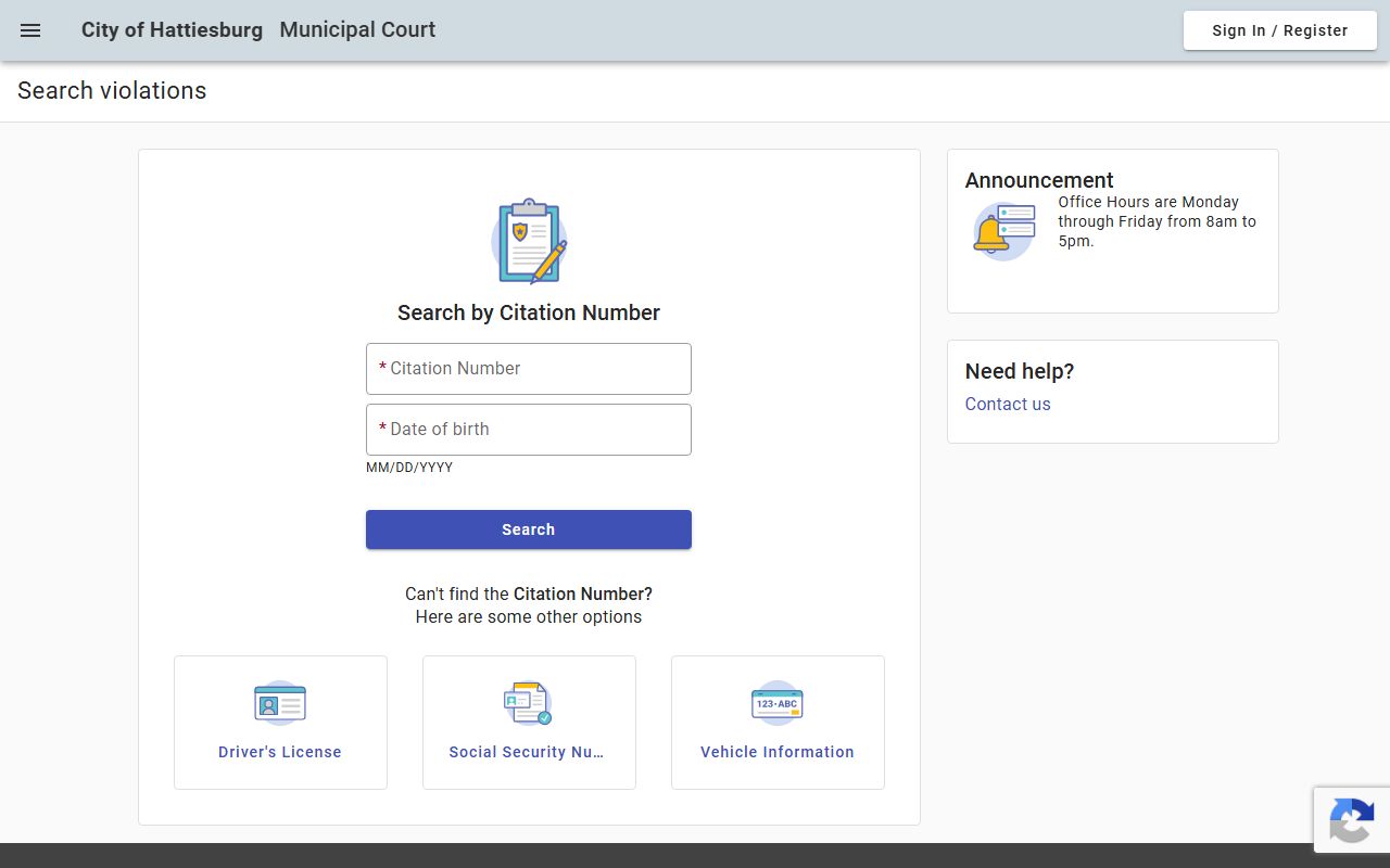 Hattiesburg online violations portal for Lamar County area traffic citation payment