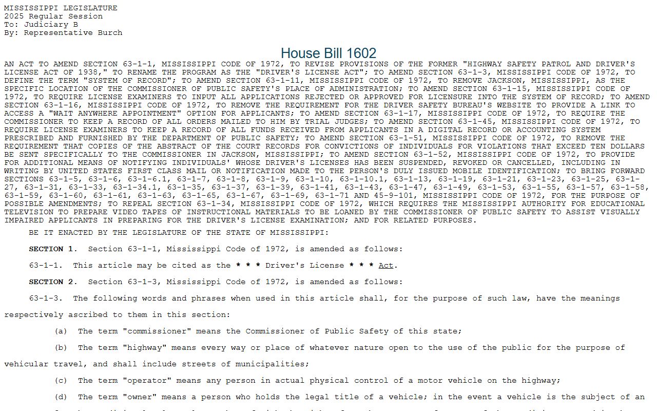 Mississippi bill text on Lamar County traffic citation nonresponse consequences